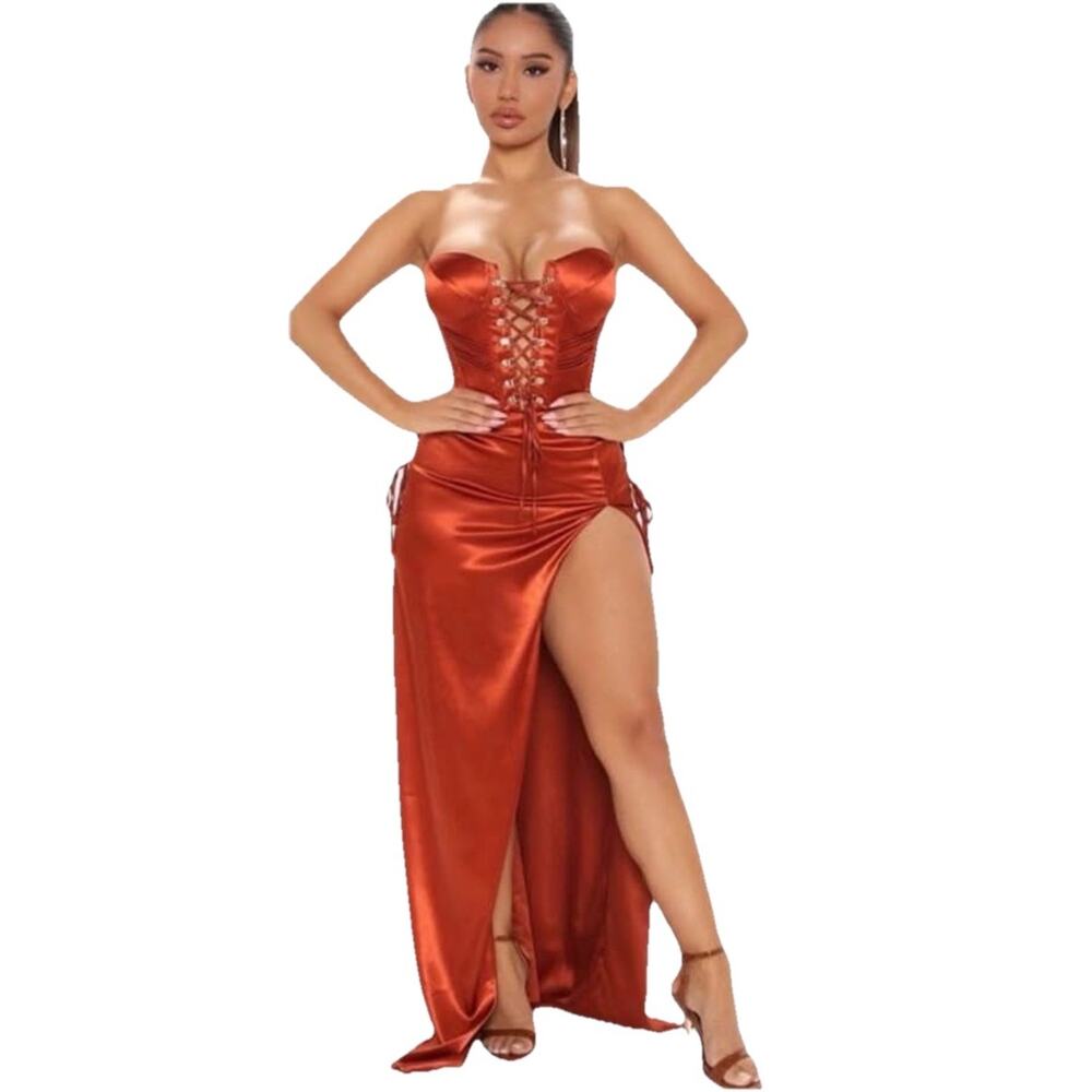FASHION NOVA Follow Your Daydream Satin Bustier High Slit Maxi Dress Copper Sz M